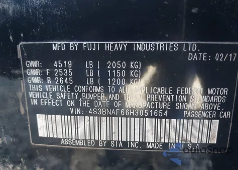 2017 Subaru Legacy 2.5I Premium from USA, damaged, VIN 4S3BNAF66H3051654